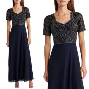 Pisarro Nights Beaded Bodice Chiffon Maxi Gown Womens 12 Blue Formal Wedding NWT